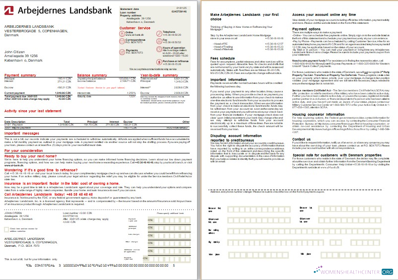Download Denmark Arbejdernes Landsbank bank mortgage statement, 2 pages, 1 2 scr Photoshop template
